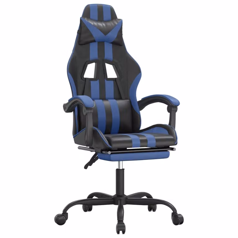 Sedia da Gaming con Poggiapiedi Nero e Blu in Pelle finta