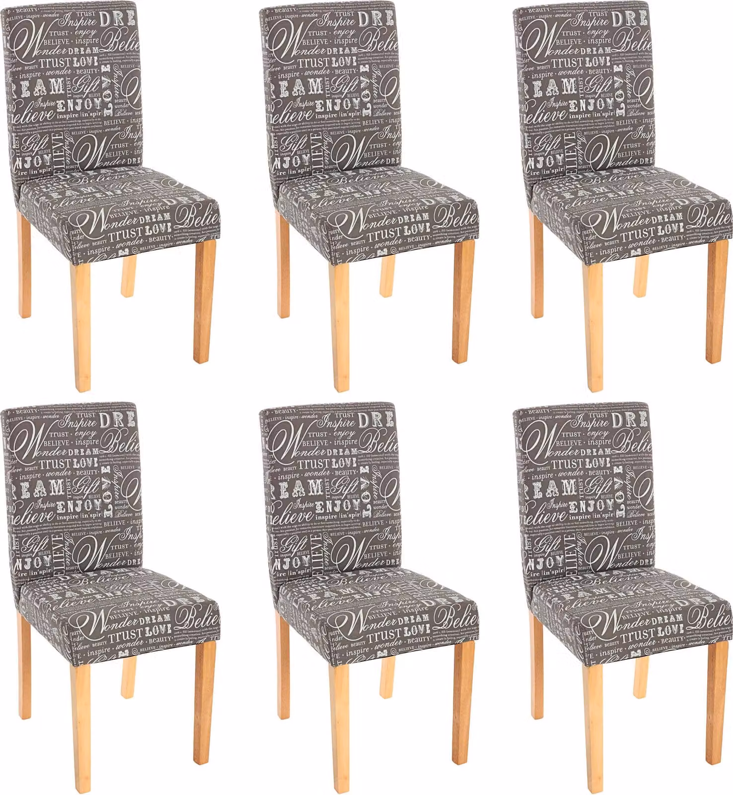 Set di 6 sedie da sala da pranzo Sedie da cucina classiche e intramontabili | A x L x P 90 x 43 x 48 cm | Altezza seduta 45 cm | Tessuto con scritta | Gambe chiare | Grigio