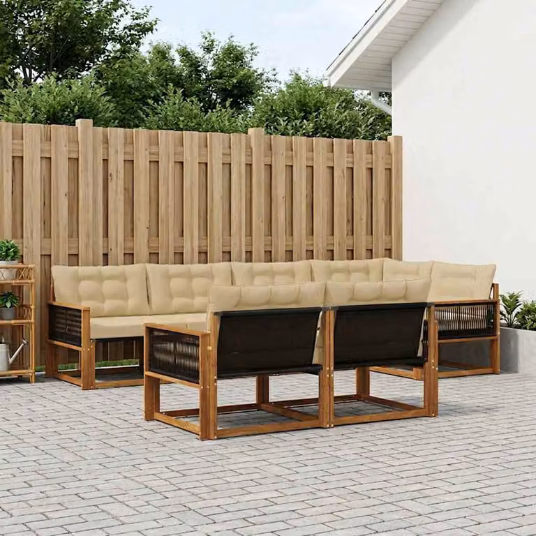 Set di divani da esterno vidaXL a forma di U composto da 7 pezzi in legno di acacia con cuscini beige e marrone