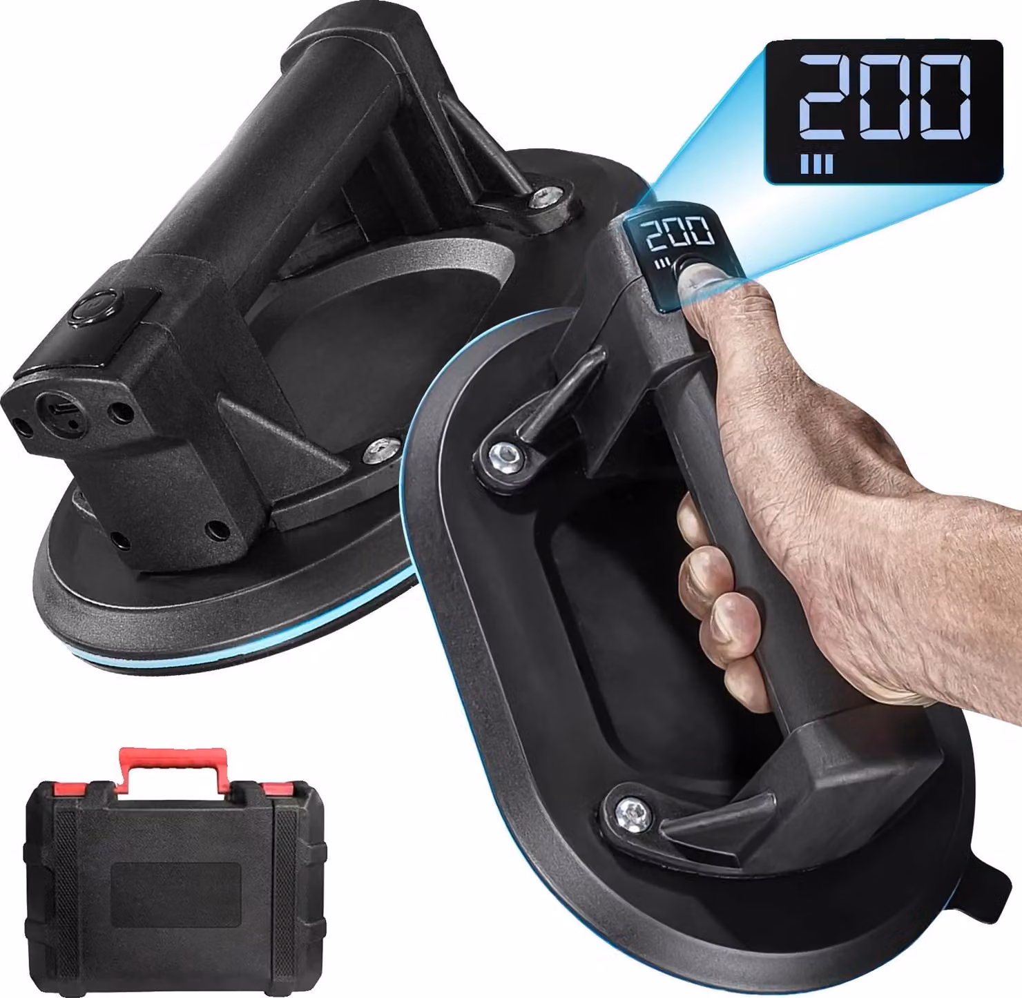 Ventosa elettrica, diametro ventosa 200 mm, capacità di carico 200 kg, capacità batteria 1800 mAh, tempo di ricarica 2-3 ore, durata di utilizzo 12 ore