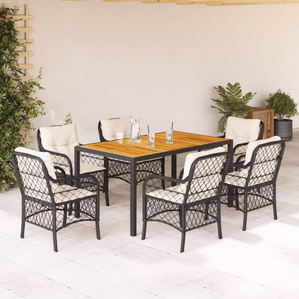 vidaXL Set da Pranzo da Giardino 7 pz in Polyrattan e Legno di Acacia con Cuscini Nero, Beige e Bianco – 1