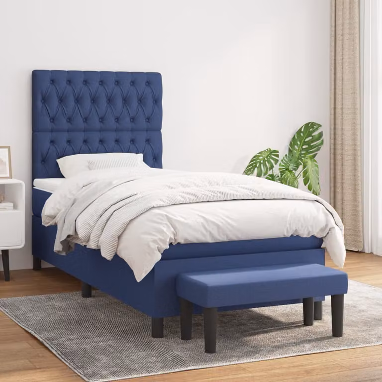 vidaXL Giroletto a Molle Ibrido con Materasso in Tessuto Blu e Bianco L/P/H: 190 x 90 x 128 cm
