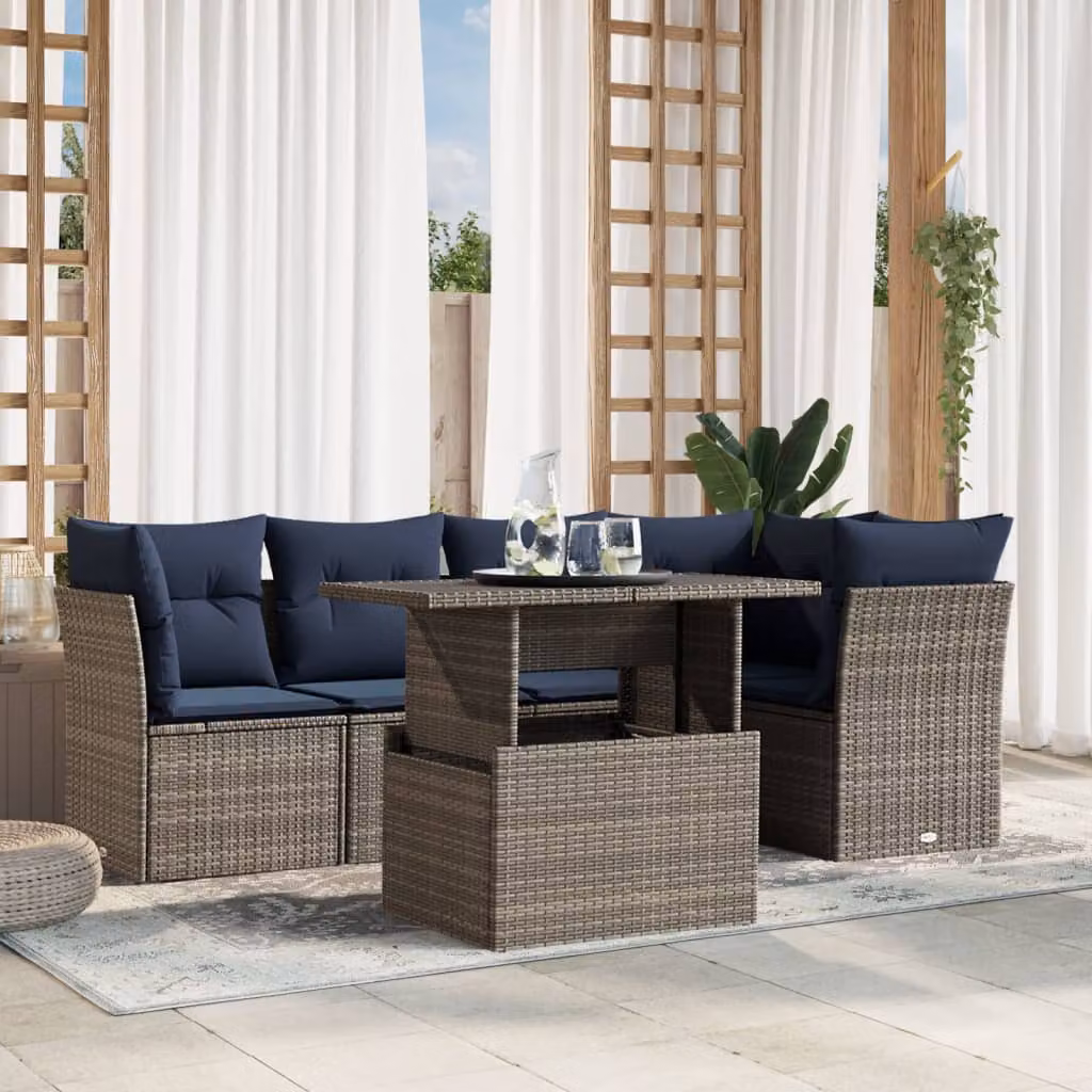Set di divani da giardino vidaXL in polyrattan con cuscini grigi e blu, 6 pezzi