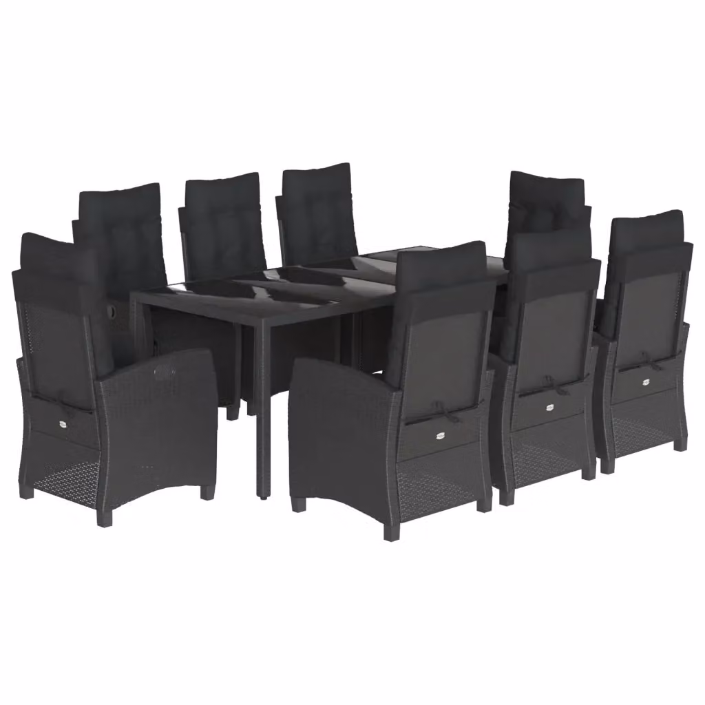 Set da pranzo da giardino vidaXL in polyrattan nero con cuscini e tavolo in vetro, 9 pezzi – 2