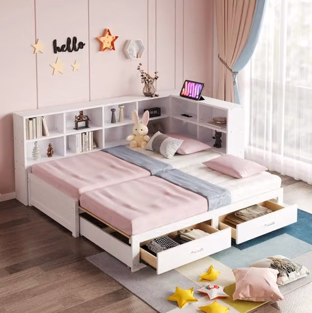 Letto singolo estraibile 90/180 x 190 cm con vani portaoggetti e prese multifunzione; bianco