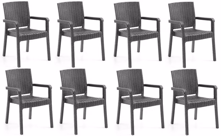 8 sedie con schienale confortevole e braccioli, disponibili nei colori nero, marrone, antracite e cappuccino