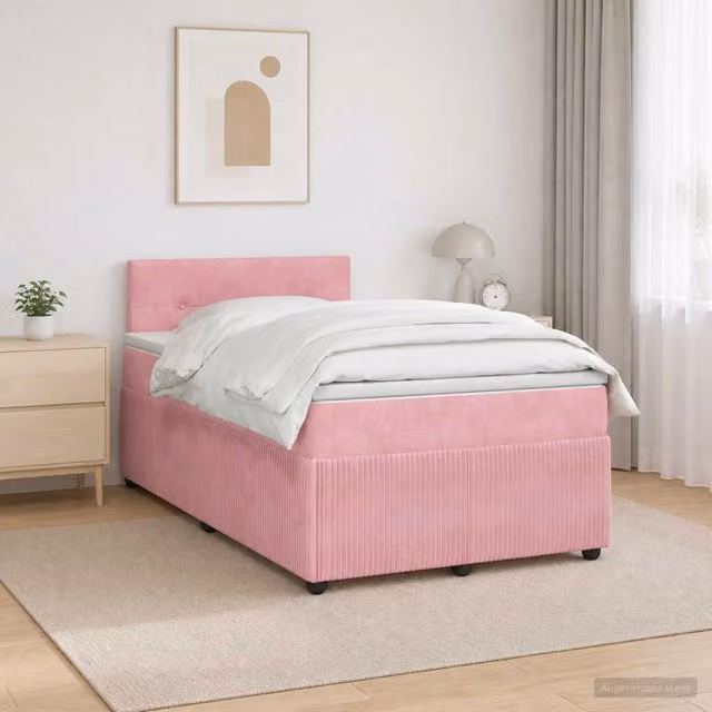 Letto box spring ibrido vidaXL in velluto rosa con materasso a molle insacchettate e base contenitore, dotato di illuminazione sottostante e porta USB, L/P: 120 x 200 cm