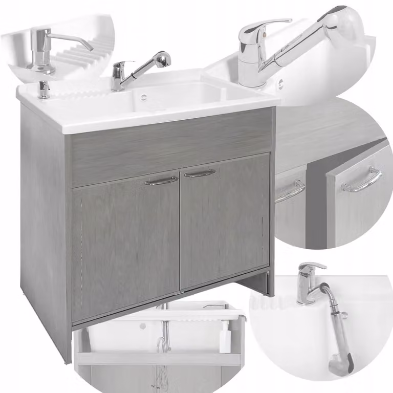 Set lavabo SIGO 85x78 cm – Grigio, con mobile sottolavabo, rubinetto e dispenser saponiera