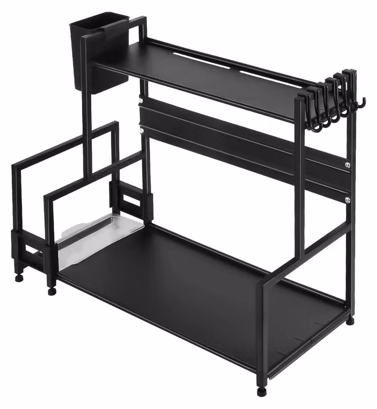 Scaffale da cucina - Scaffale per spezie a 2 ripiani - Acciaio - Con supporto per tagliere - Da appoggio sul piano di lavoro - Da appoggio - Nero