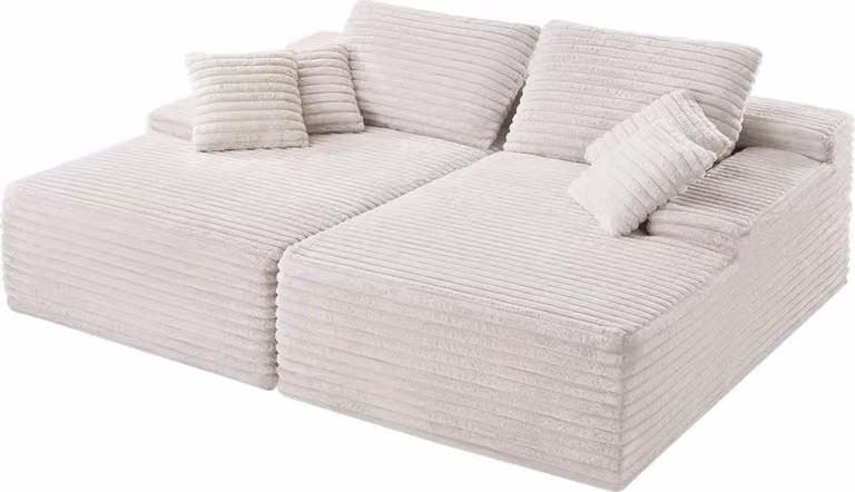 Divano chaise longue doppio (210 cm) oversize - Divano a due posti in velluto a coste con seduta profonda - Accogliente divano letto per 2 persone con morbidi cuscini e cuscini decorativi - Mobili da salotto e da camera beige