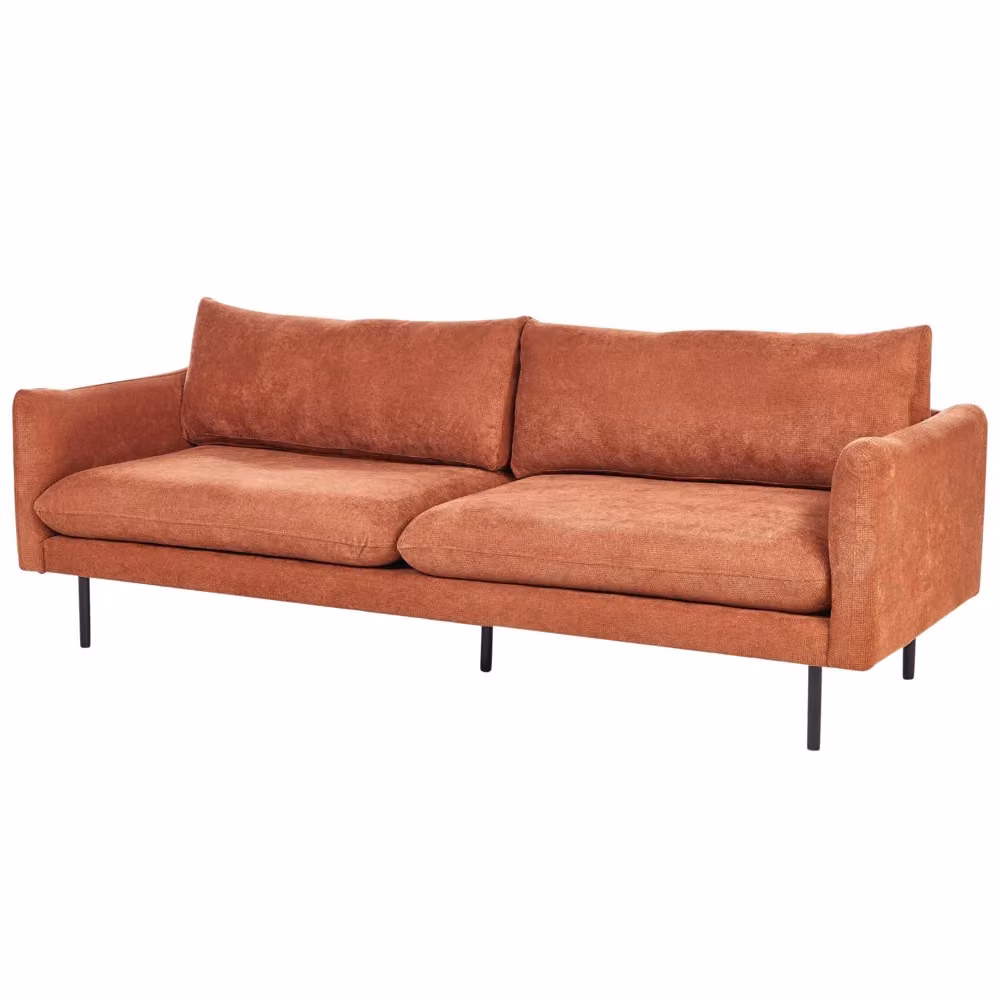 Divano moderno a 3 posti BELIANI in tessuto marrone dorato arancio con struttura in legno di pino e sedile imbottito L: 220 cm, H: 86 cm, P: 84 cm – 2