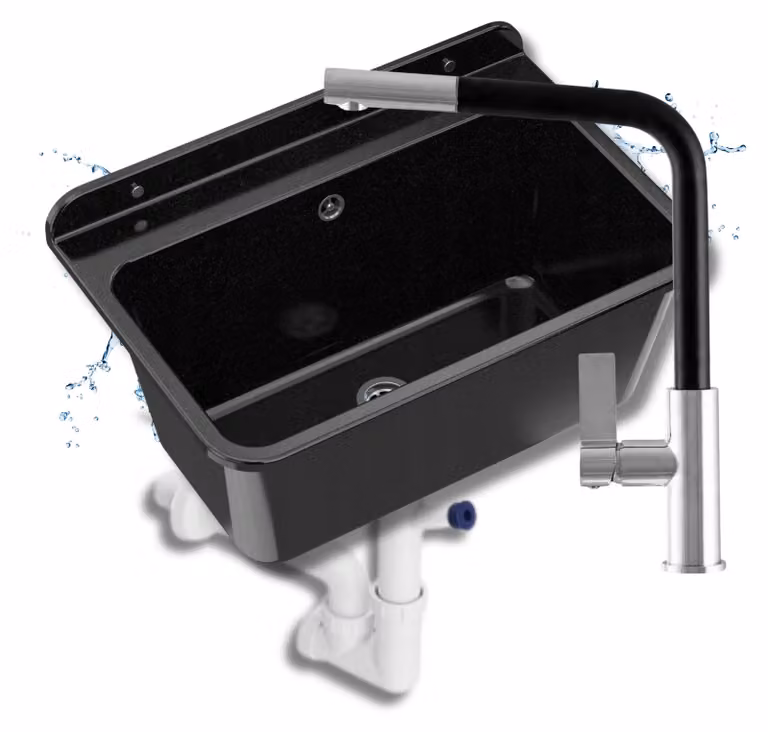 Granitan - Lavatoio - Lavandino 61x41 cm - Lavello nero - con miscelatore e sifone - LARGE