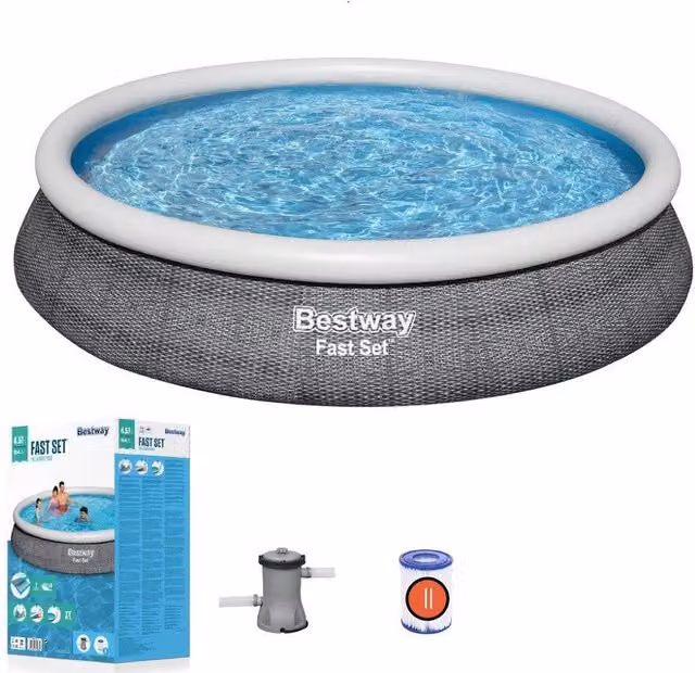 Trade Shop - Piscina Fast Set Gonfiabile Rotonda Rattan 457x84cm Pompa Filtro Cartuccia 57313 -