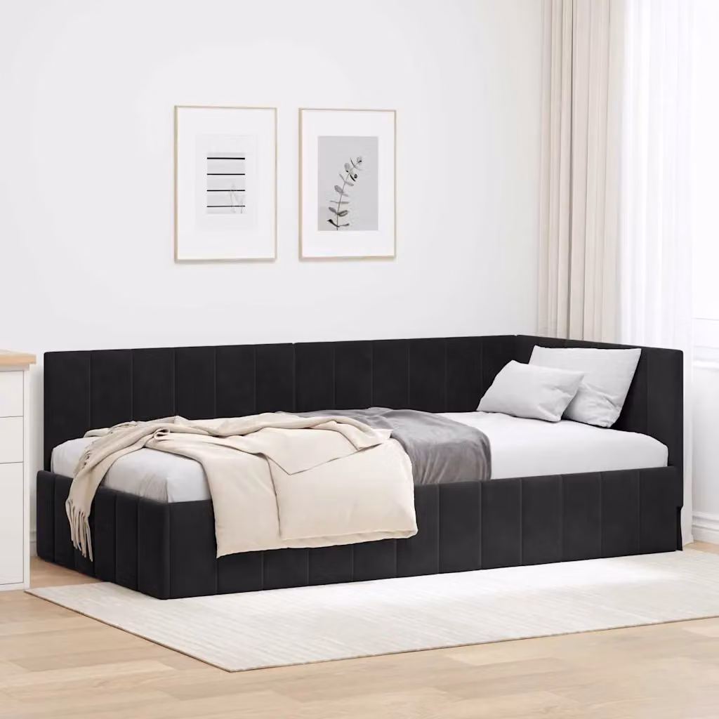 vidaXL Cornice del letto ad angolo in velluto nero, L/P/H: 200 x 90 x 72 cm – 1