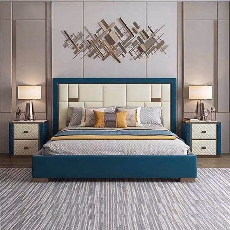 Blau-Beiges Schlafzimmer Bett Designer Polsterbett Edle Textilbetten