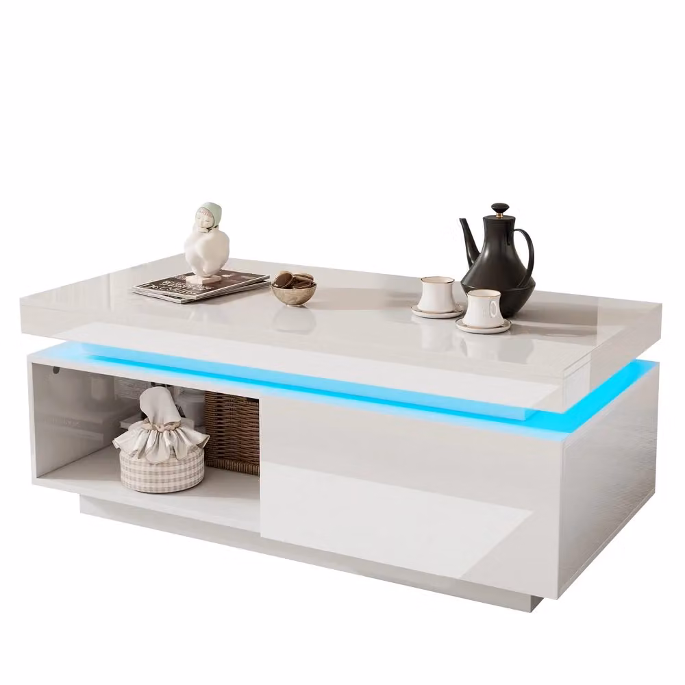 Tavolino da caffè moderno MINIMAL con LED e cassetto, effetto lucido, bianco, L 100 cm x P 50 cm x H 40,3 cm – 2