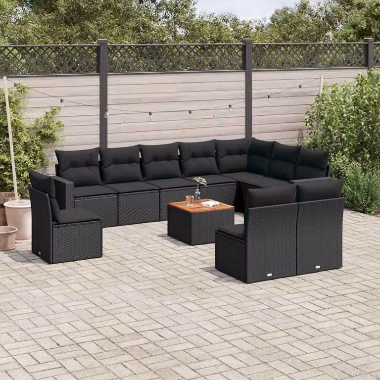 vidaXL Set Divani da Giardino 11 pz in Polyrattan Nero con Cuscini e Tavolino