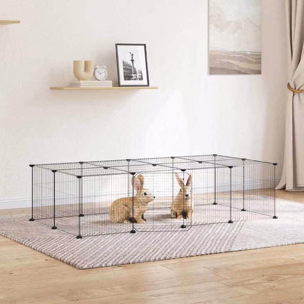vidaXL Gabbia per Animali in Acciaio con 20 Pannelli e Porta, Colore Nero, L 140 cm x P 70 cm x H 35 cm