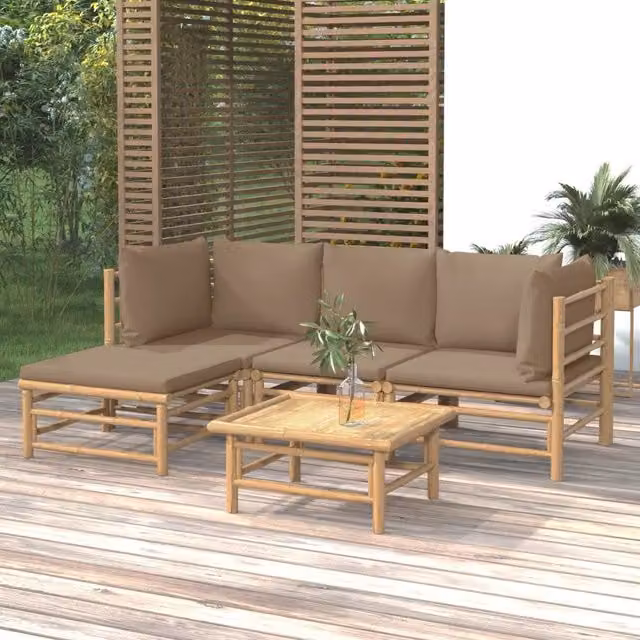 Set Salotto da Giardino 5pz con Cuscini Tortora Bambù 3155114
