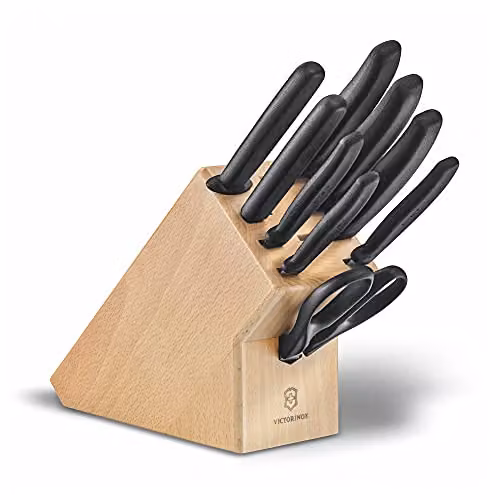 Victorinox Ceppo Coltelli Swiss Classic in Legno, 9 Pezzi, con 8 Coltelli e 1 Paio di Forbici Multiuso, Portacoltelli, Legno di Faggio Chiaro