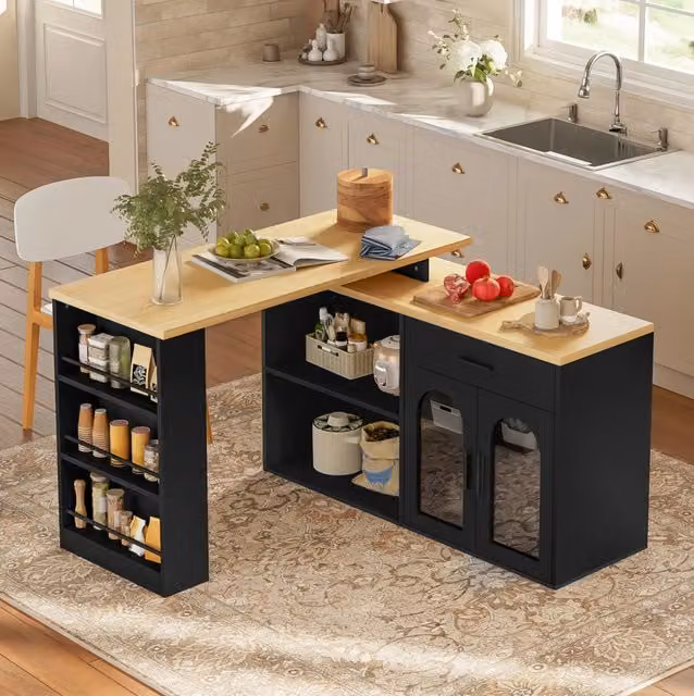 Isola da cucina con piano girevole a 360°; cassetto e ripiani; 136 x 50 x 78 cm; nero e naturale