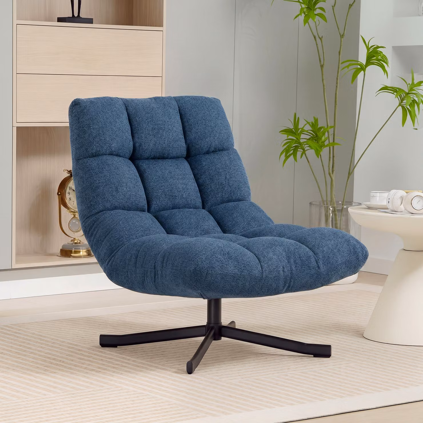 Poltrona d'Accento Girevole HOMCOM in Velluto Blu Scuro con Gambe in Metallo e Design Moderno Lounge – 2