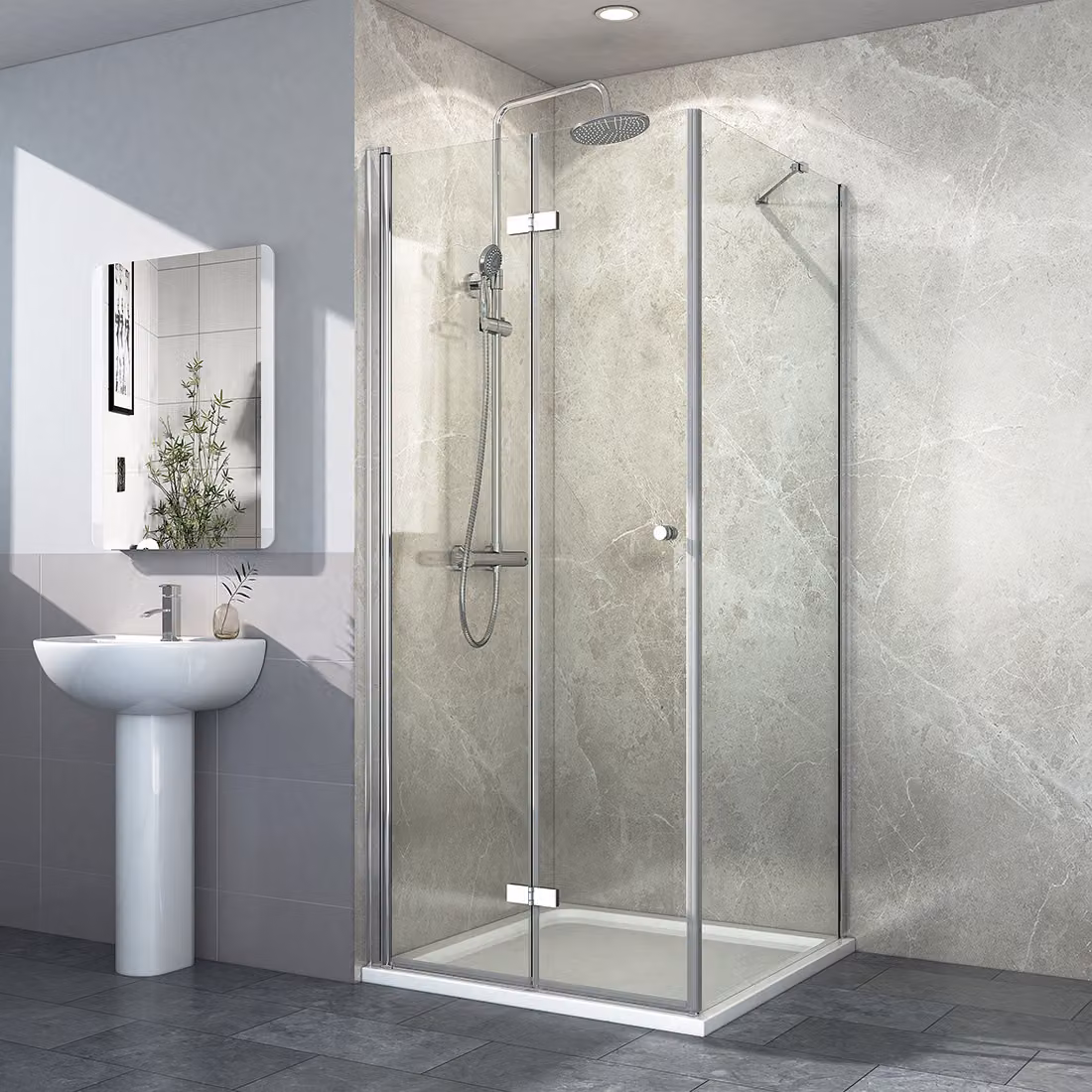 Cabina doccia EMKE 75x90x185 cm con ingresso angolare, parete doccia con porta a battente o porta a soffietto, parete doccia in vetro ribaltabile, porta doccia in vetro di sicurezza ESG da 6 mm