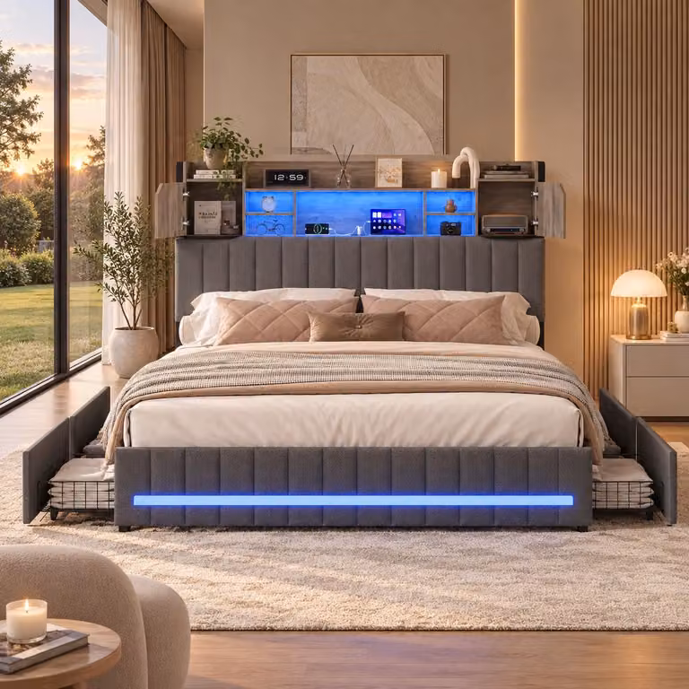 Letto imbottito INONEFT, 140x190 cm, con LED e USB, 4 cassetti, letto per ragazzi con testiera chiusa, struttura del letto con rete a doghe, colore grigio lino