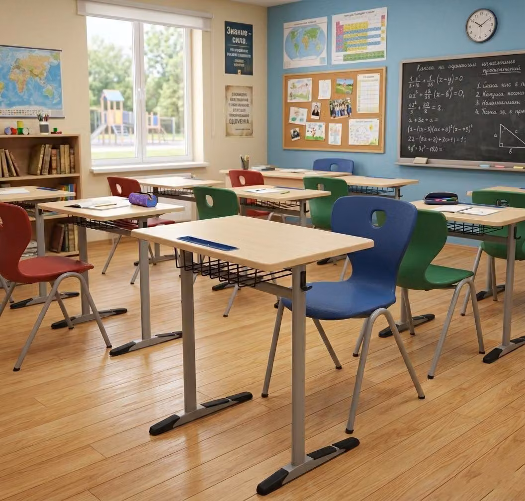 Set scolastico moderno ed ergonomico: scrivania da scuola marrone e sedia blu, scrivania singola