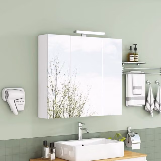 Armadietto a specchio da bagno con 3 ante LED presa francese e ripiani in vetro regolabili bianco larghezza 80 cm