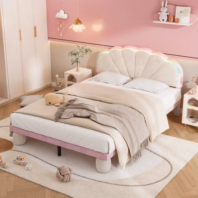 Letto matrimoniale 140 × 200 cm con testiera imbottita e luci multicolore, senza materasso, in velluto beige e rosa