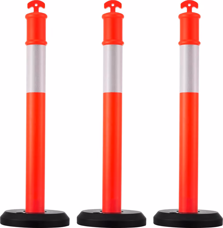 SucceBuy Set di 3 paletti di controllo del traffico (114 cm) con base riempibile e strisce riflettenti, paletti di segnalazione per cantieri, parcheggi e barriere di controllo della folla, rosso
