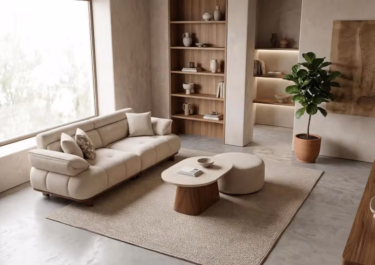 Set divano 3 pezzi, tavolino, poggiapiedi, stile giapponese moderno, beige, imbottitura