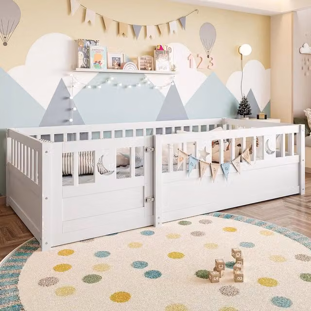 Letto a pannelli bambino 90x190 cm - Xylo - con sponde, decor stelle e luna, stile minimalista, bianco