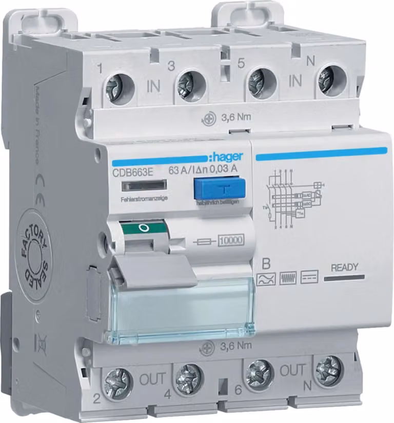 Interruttore differenziale Hager, 3P+N, 10 kA, 63 A, 30 mA, tipo B, 1 pz.