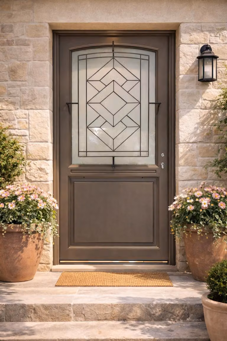 Porta d'ingresso in legno con vetro Elodie Grigio Quarzo, H.215xL.90 cm, lato pannello P. sinistra, maniglia, cilindro grande, ferramenta di grandi dimensioni