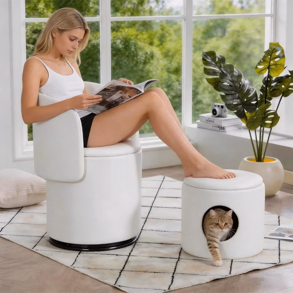 Sgabello girevole OKWISH in velluto bianco con seduta morbida e contenitore integrato per camera da letto, soggiorno o sala da pranzo – 2