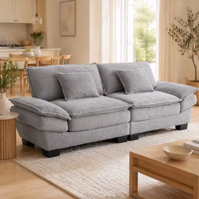 Divano 2 posti con seduta profonda 224 cm in velluto grigio chiaro con 2 cuscini