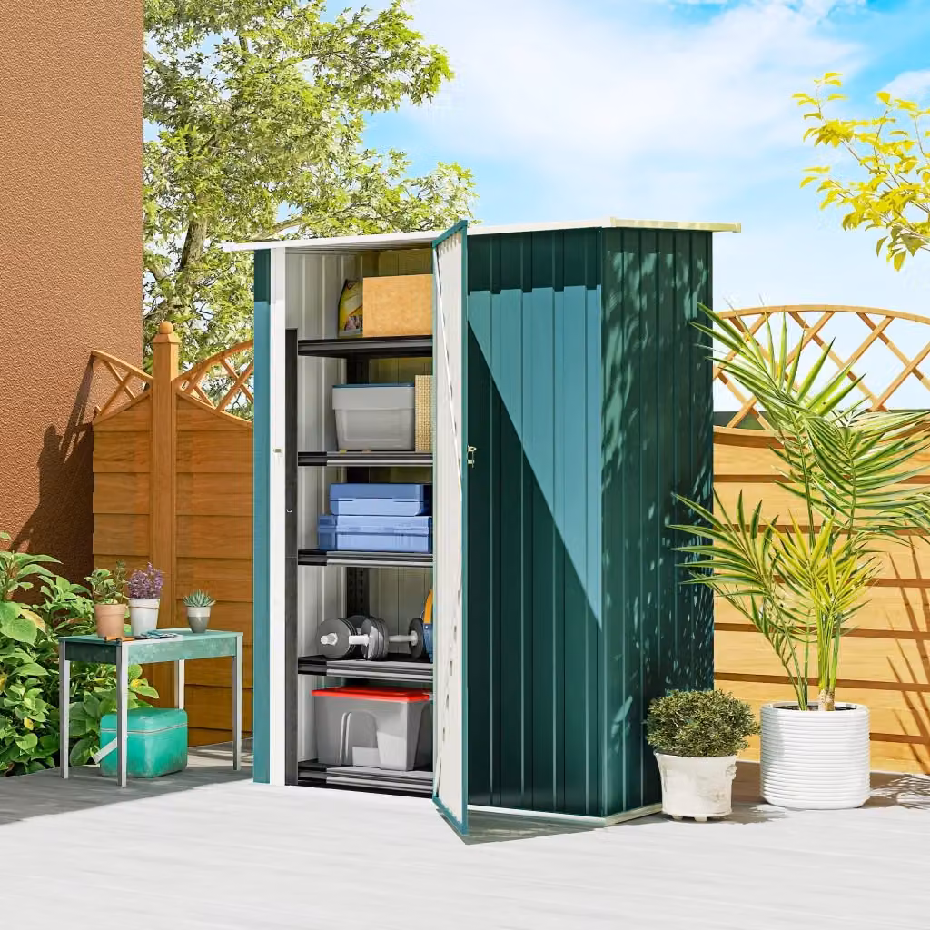 Capanno Porta Attrezzi Giordanoshop in Acciaio Zincato Verde con Tetto Inclinato e Porta Bloccabile L: 142 cm, P: 86 cm, H: 189 cm – 2