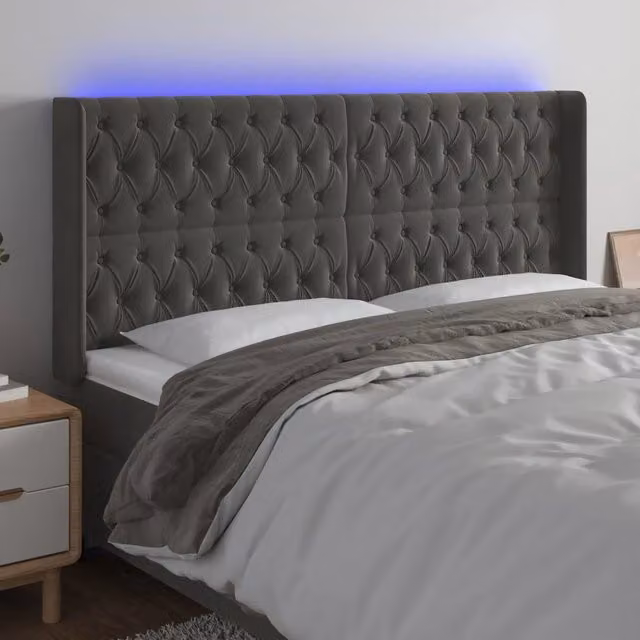 Testiera per letto con illuminazione LED e porta USB vidaXL in velluto grigio, L 203 cm x P 16 cm x H 118/128 cm