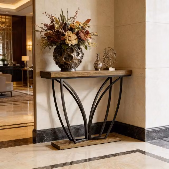 Consolle da ingresso con piano da 5 cm in MDF e metallo piedi regolabili marrone rustico e nero 105 × 30 cm