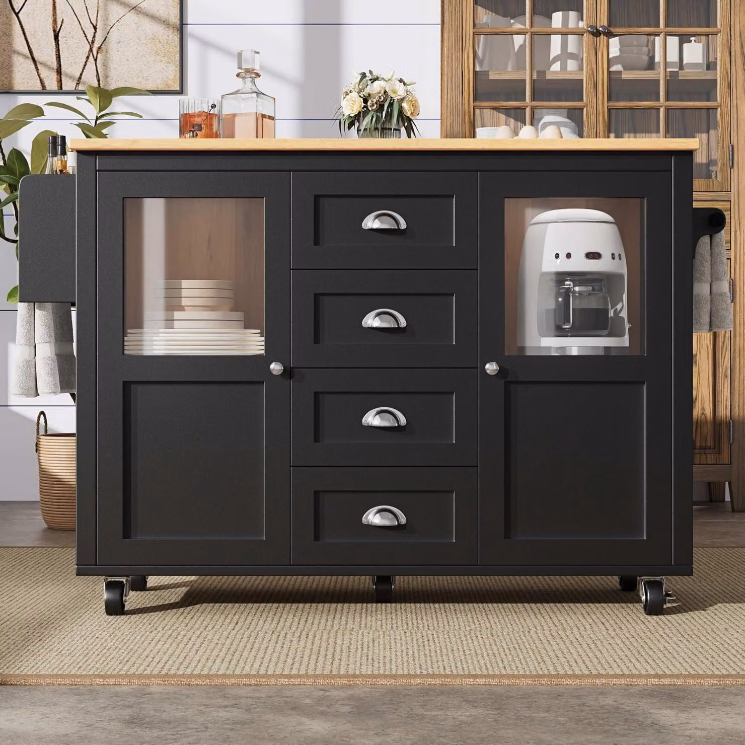 Isola da cucina con ruote, estendibile, dimensioni 137,9 x 73 x 92,5 cm, colore nero