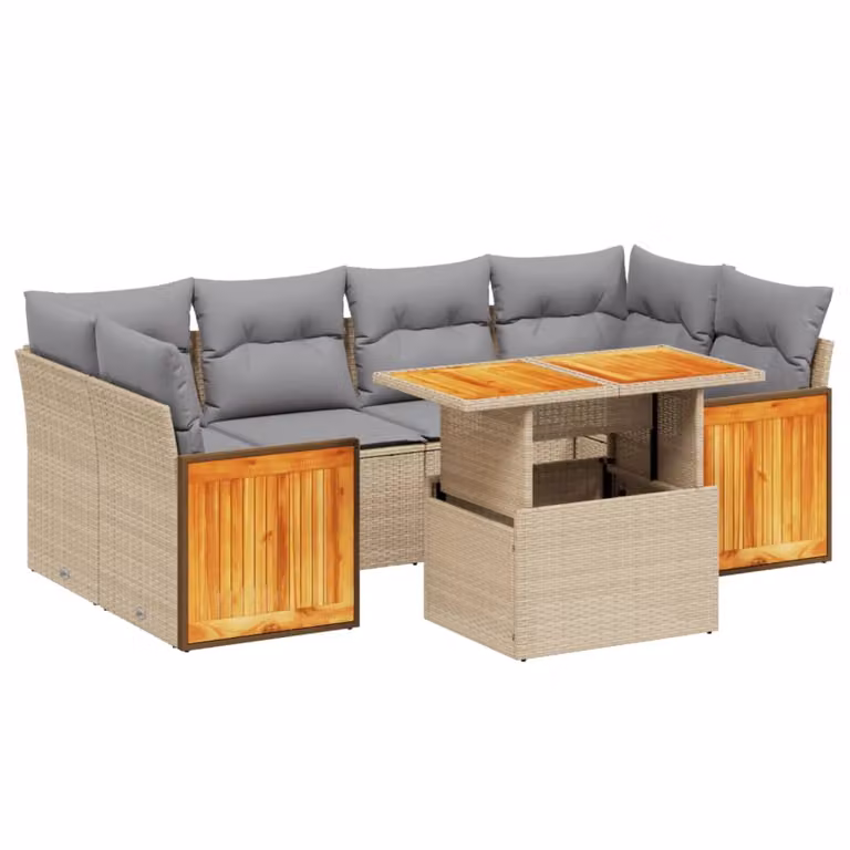 Set Divani da Giardino 7 pz con Cuscini Beige in Polyrattan
