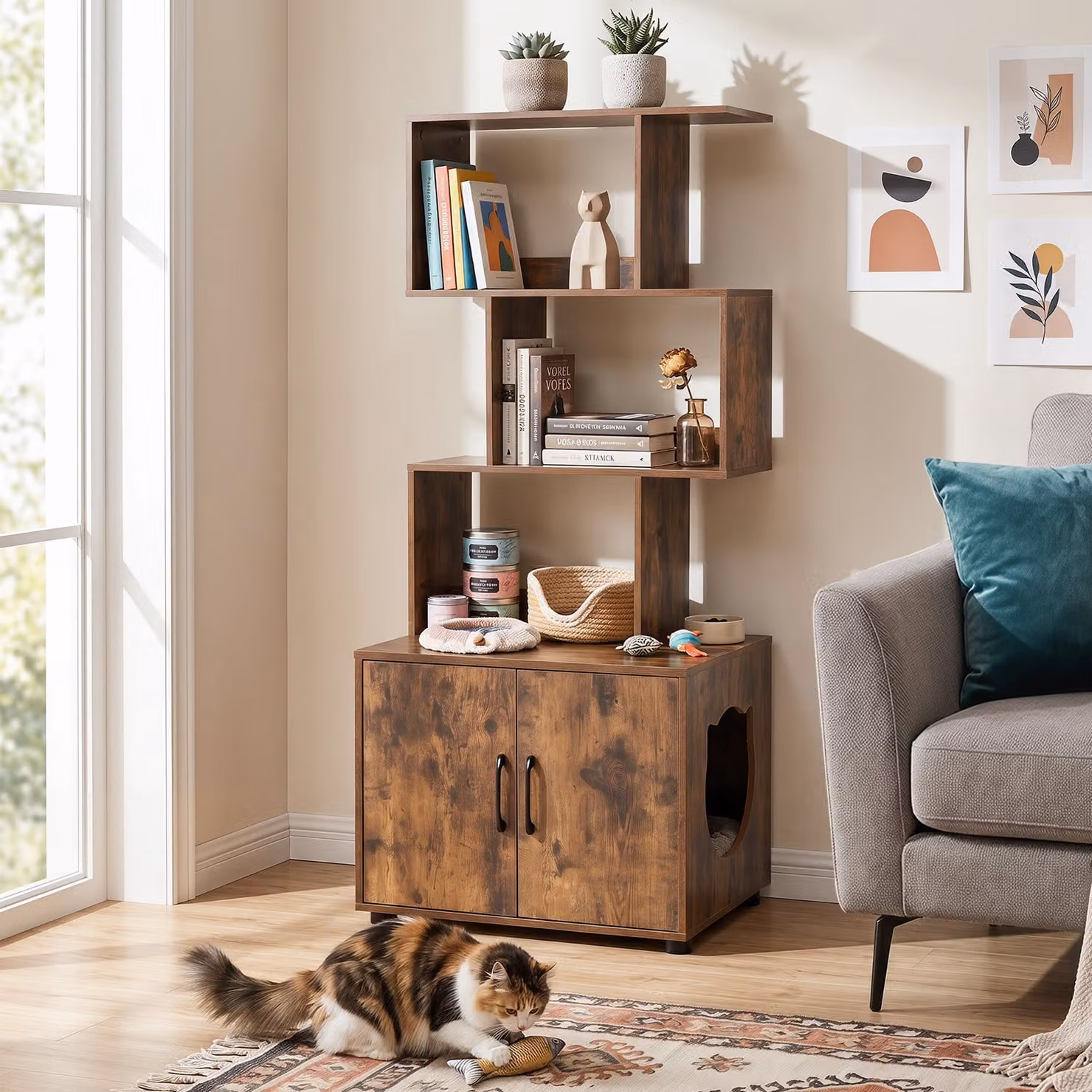 Costway Mobile lettiera nascosta per gatti con ripiani portaoggetti e armadietto a 2 ante, cuccia moderna in legno MDF color marrone matt