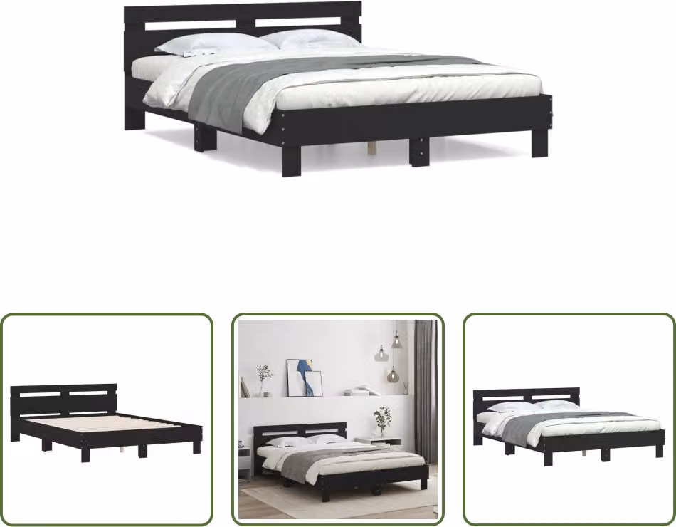 The Living Store Struttura letto con testiera nera 140x190 cm in materiale ligneo