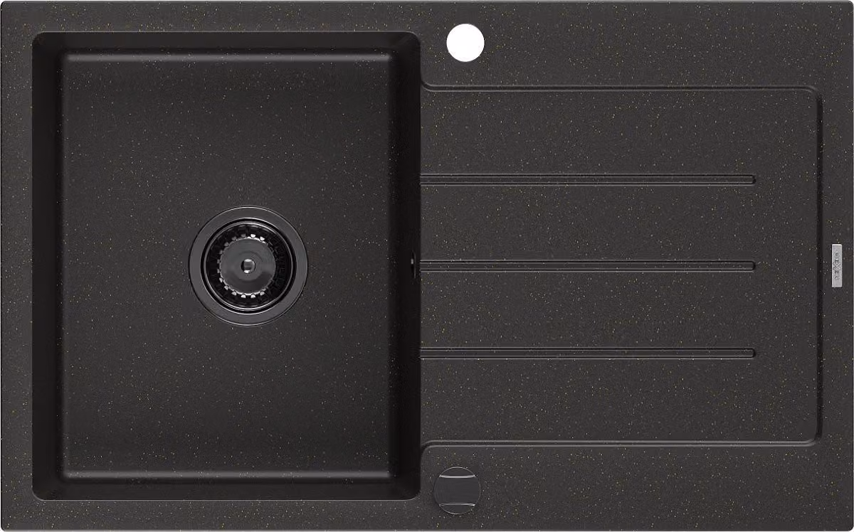 Mexen Bruno lavello in granito a 1 vasca con gocciolatoio 795 x 495 mm, nero/oro metallizzato, sifone nero - 6513791010-75-B