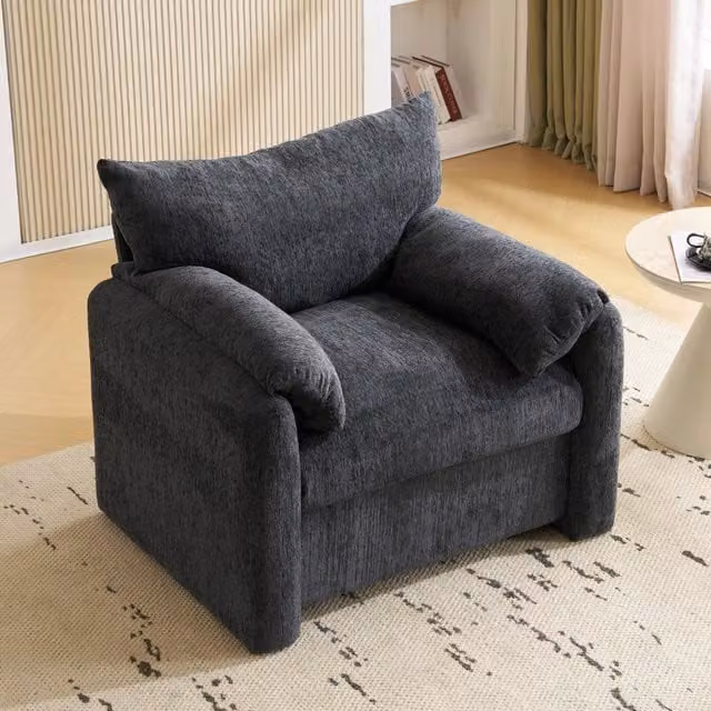 Poltrona in ciniglia con ampia seduta imbottita e braccioli imbottiti per soggiorno in grigio 96 × 82 × 84 cm