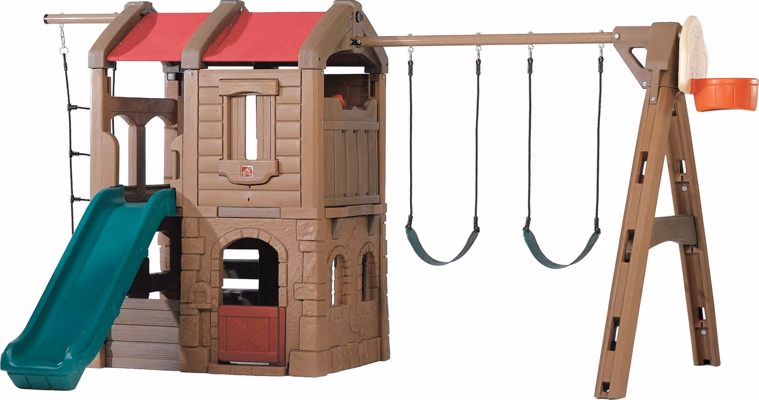 Step2 Naturally Playfull Adventure Lodge Parco giochi con scivolo, altalene, scala di corda e canestro da basket | XXL Parco giochi / casa di gioco in plastica per bambini