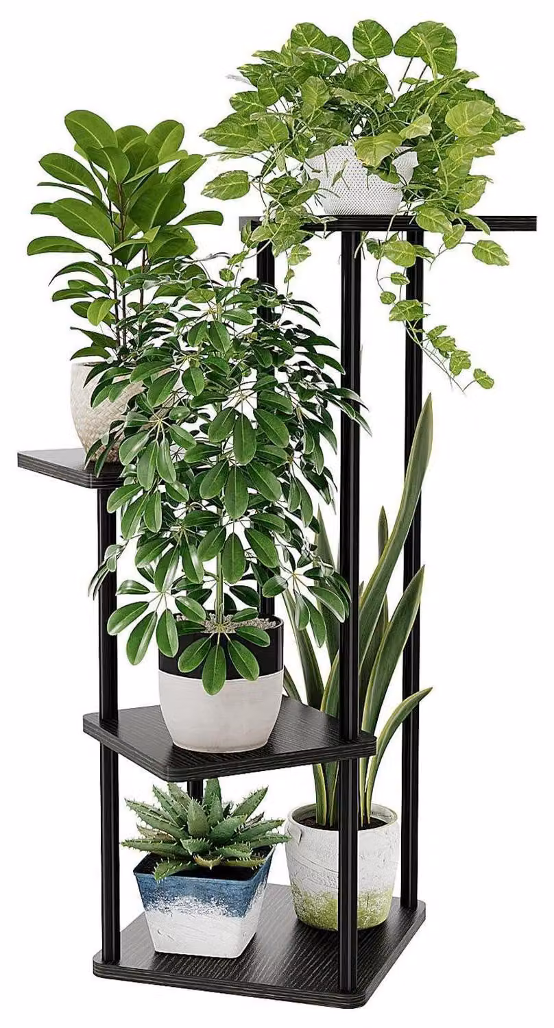 Portaplant in metallo, nero, con 4 ripiani. Scaffale angolare salvaspazio, ideale per soggiorno, balcone o come elemento decorativo