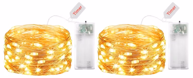 Set di 2 catene luminose a LED, lunghezza 3 metri, 30 LED, luce bianco caldo, con timer, alimentazione a batteria